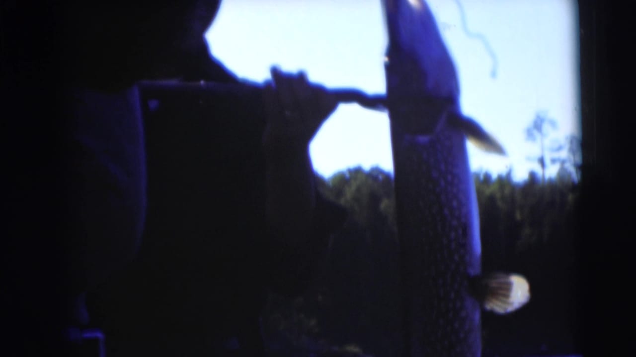 In the 1953 Baraboo home movie, a silhouetted angler holds a northern pike upright beside the lake under a bright sky.