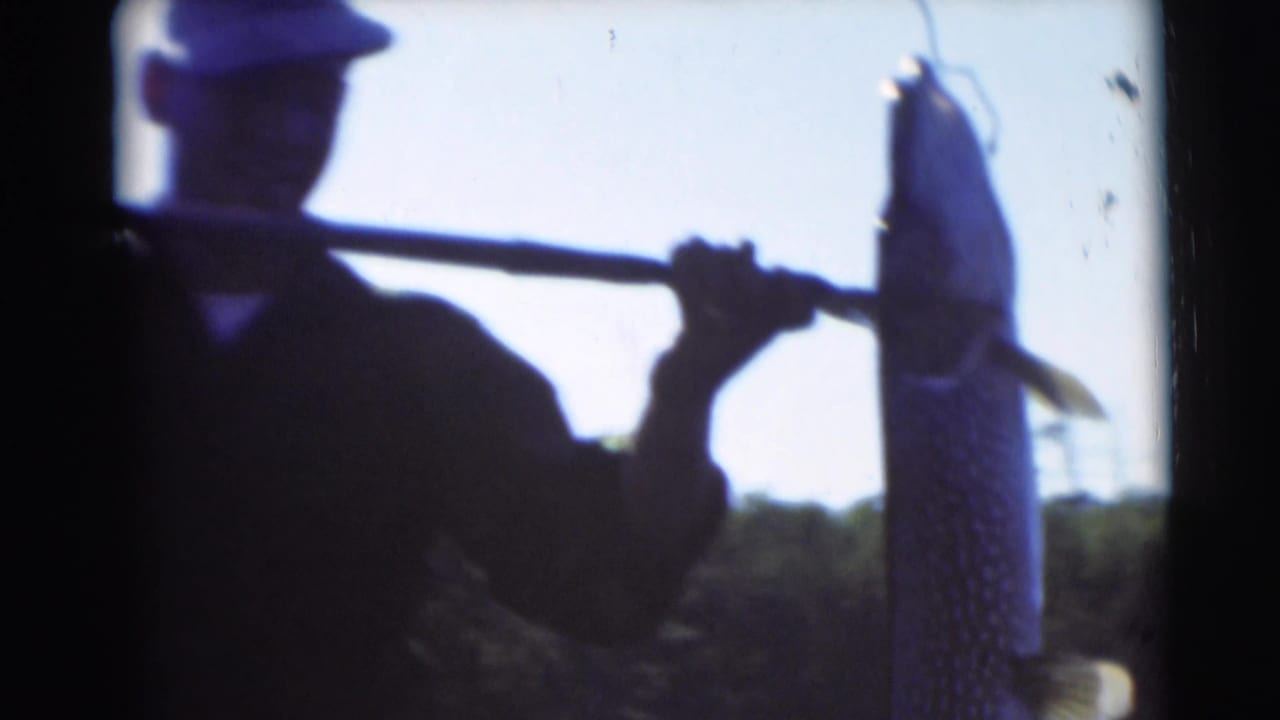 Silhouetted man in a cap displays a large fish on a pole against bright sky in Baraboo, Wisconsin, 1953.