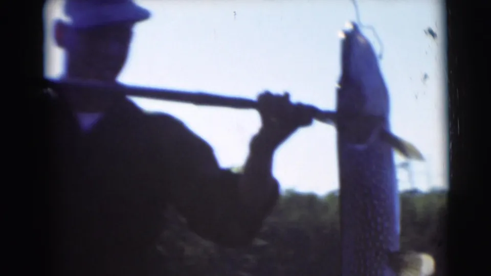 Silhouetted man in a cap displays a large fish on a pole against bright sky in Baraboo, Wisconsin, 1953.