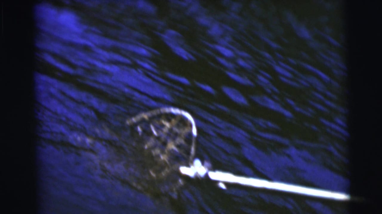 A fishing net appears in rippling lake water in 1953 Baraboo, Wisconsin home-movie footage.