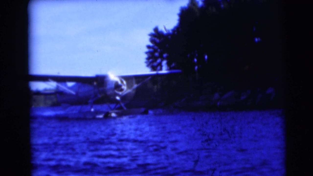Small floatplane on lake water near a dark wooded shoreline with heavy blue tint.