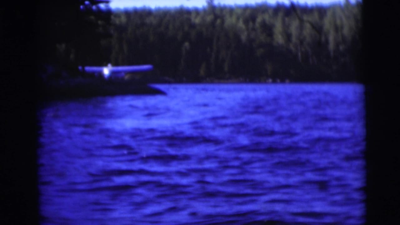 A small floatplane appears over the water in this 1953 Wisconsin lake scene, with dense trees along the far shoreline.