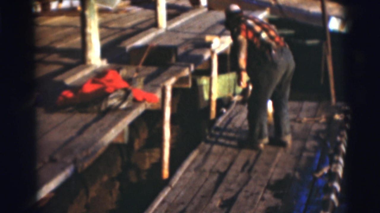 Man in plaid shirt bends near a fish on a wooden dock.