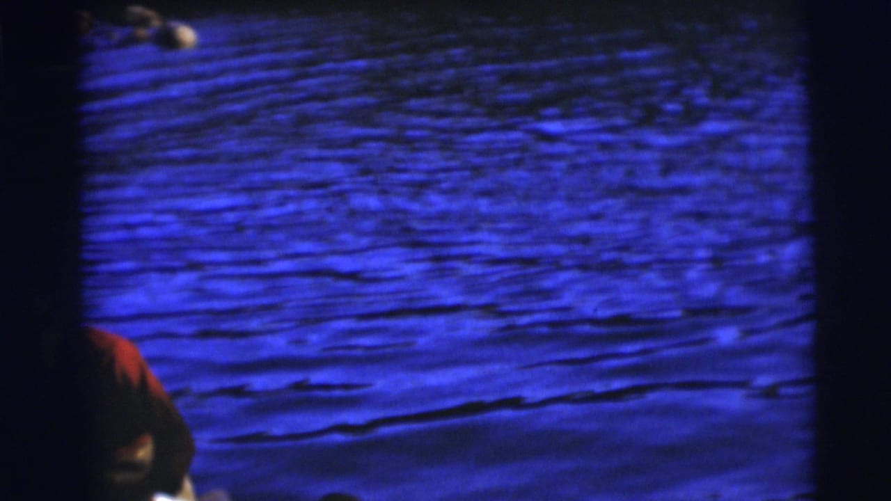 A dark figure stands near the water with blue lake surface behind them.