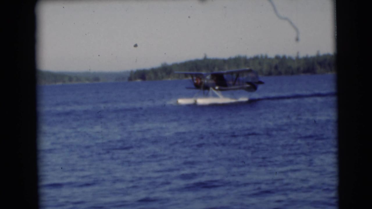 Floatplane moving across a lake with wooded shoreline in the background.