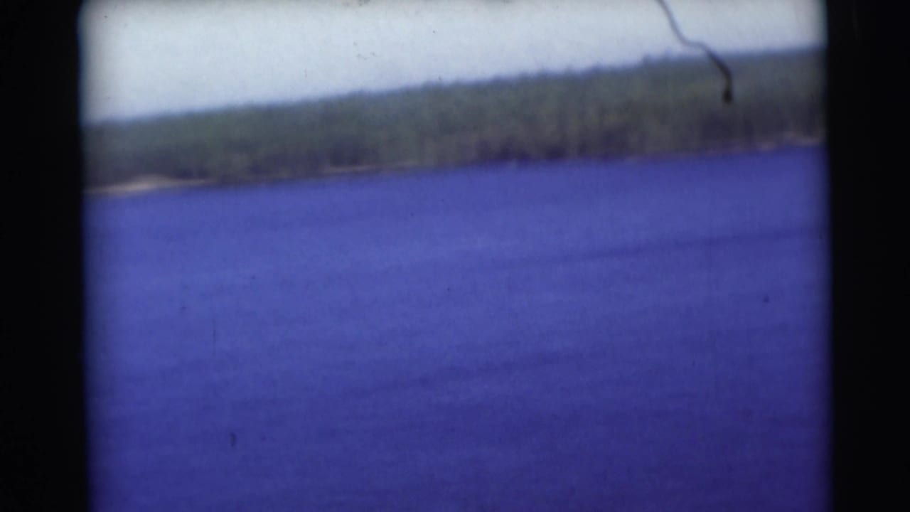 Blue water with a distant wooded shoreline under a pale sky.