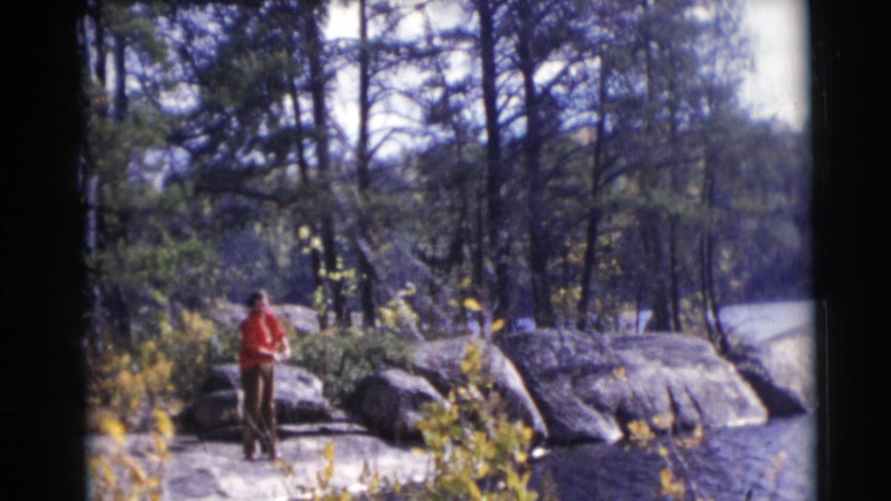 Person in a red jacket stands with a fishing rod on a rocky wooded riverbank.