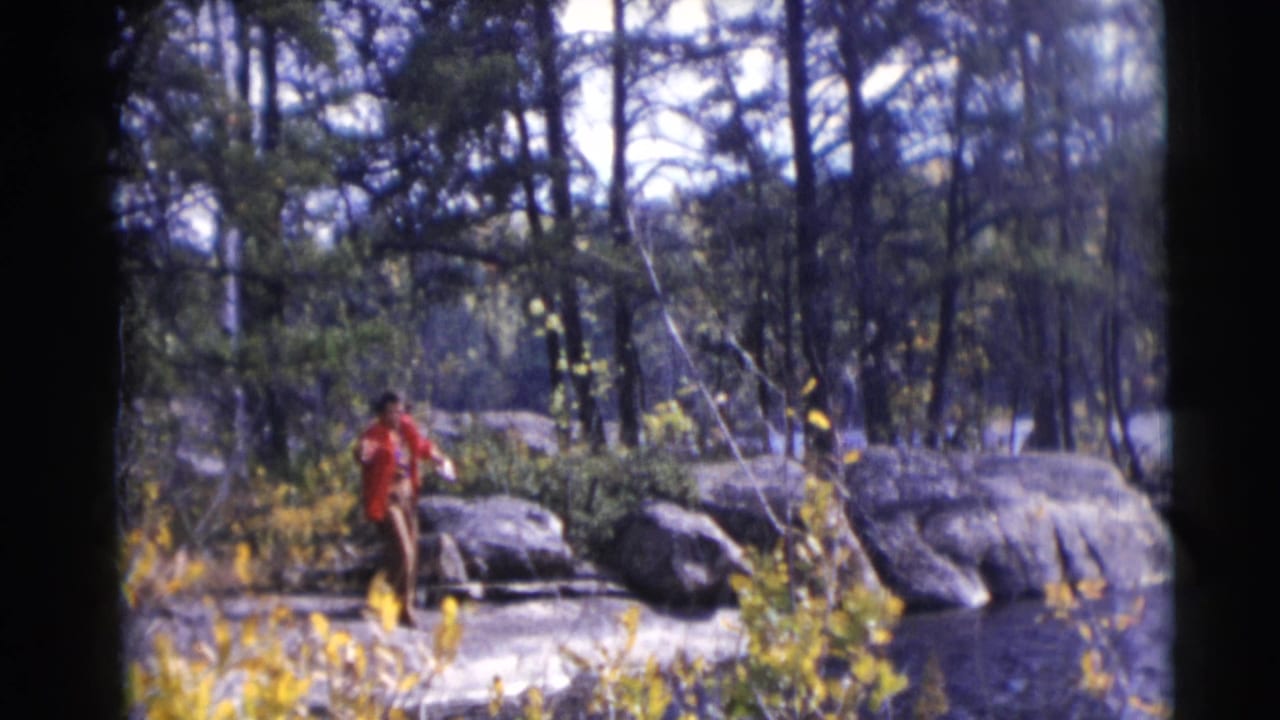 Man in a red jacket fishing near rocks beside a wooded lake.
