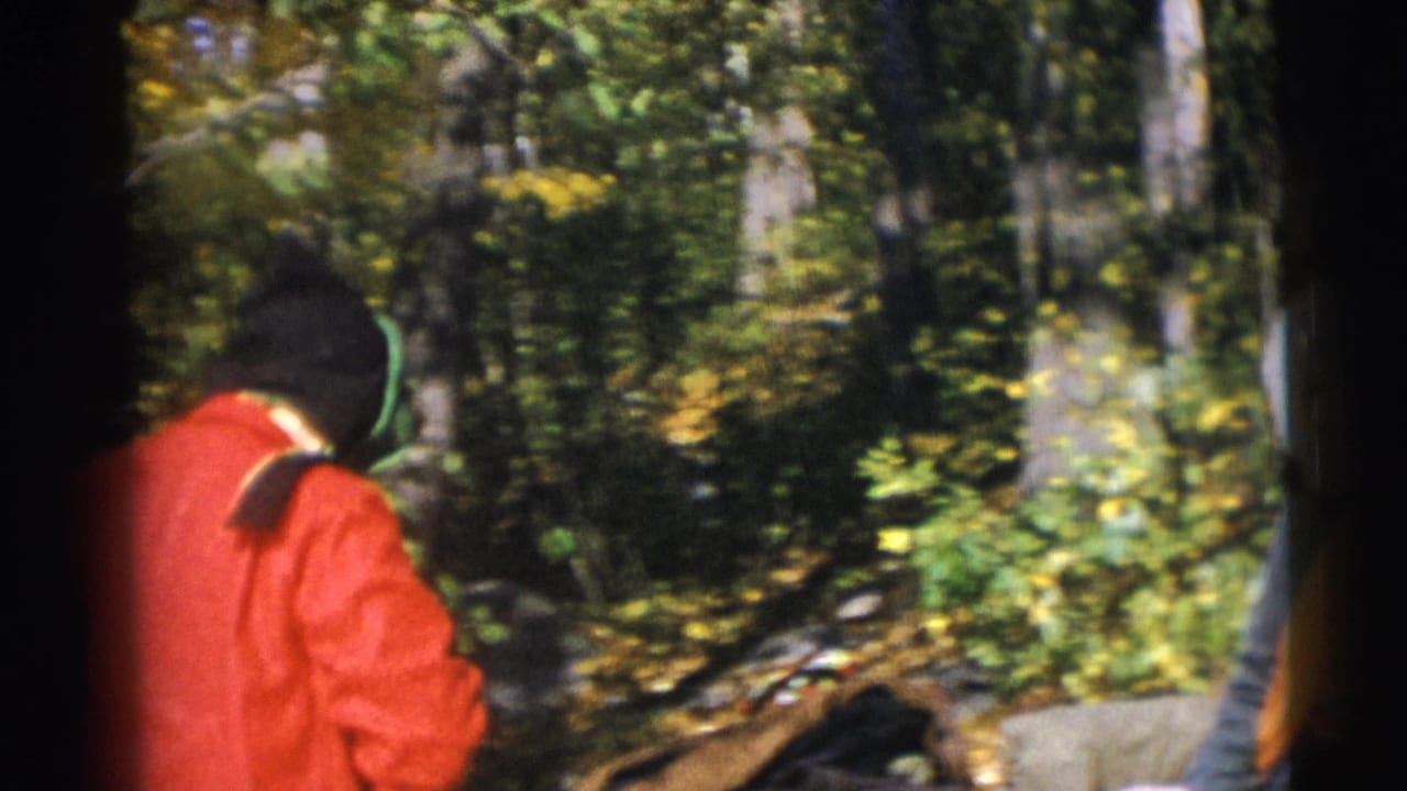 In Baraboo, Wisconsin 1953 home-movie footage, a hooded woman in a red coat walks through a leafy wooded area.