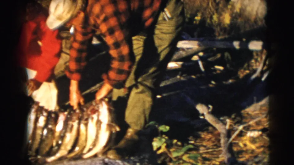 The fisherman and a second partially visible adult handle a row of fish beside the boat in the wooded Wisconsin setting.
