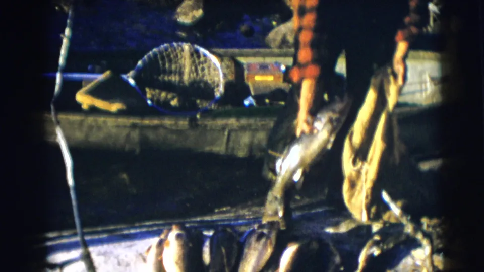 1953 Baraboo, Wisconsin frame showing a plaid-shirted fisherman handling a fish beside the boat, with a landing net behind him.