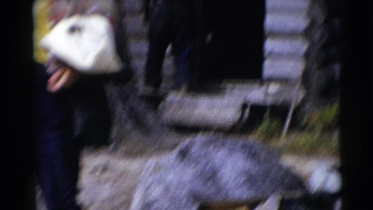 Blurred adult figure carrying a white bag near trees and a log cabin.
