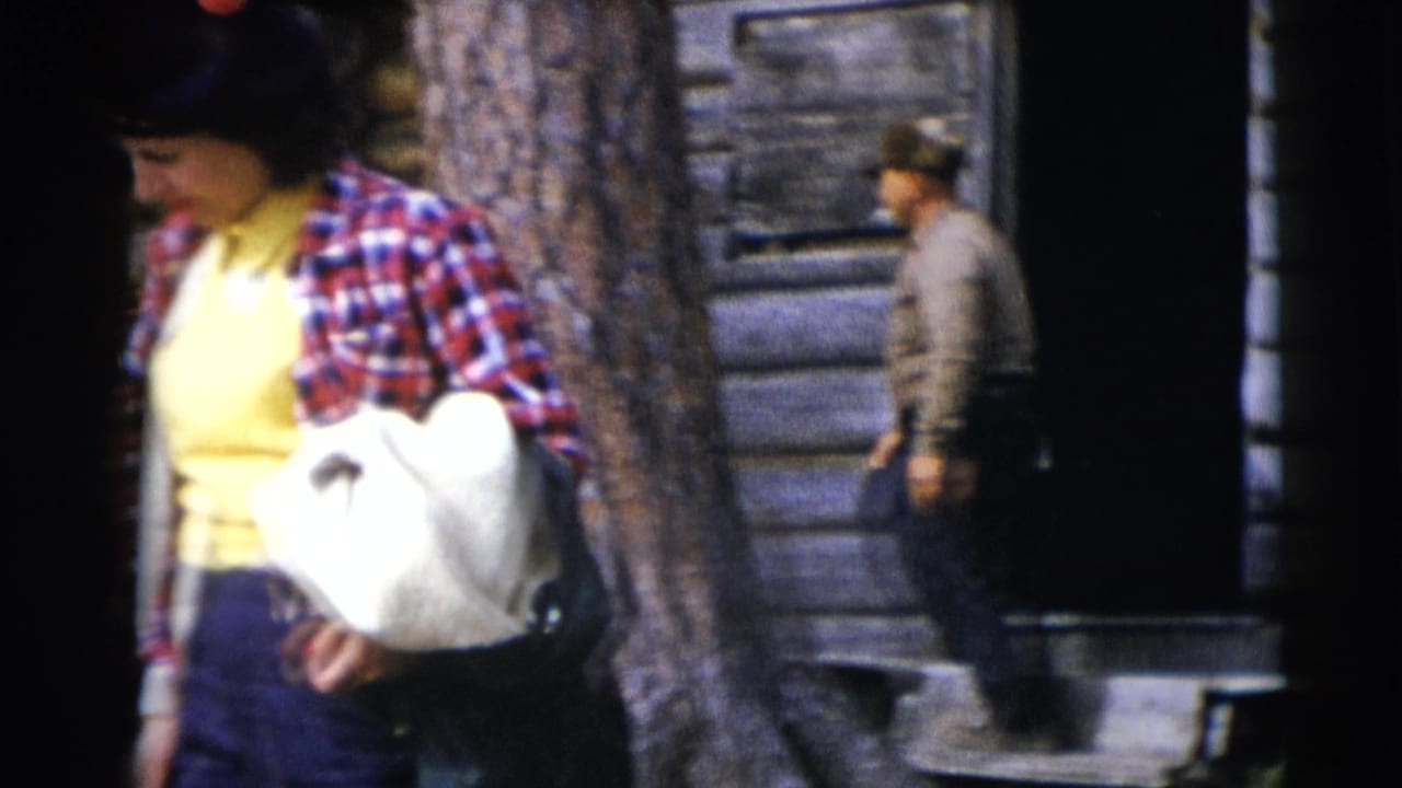 Woman in plaid and a yellow top walks with a white bag near a log cabin in the Baraboo, Wisconsin home-movie scene.