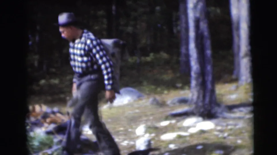 A man in 1950s outdoor clothing walks through the wooded Baraboo setting near rocks, trees, and cut branches.