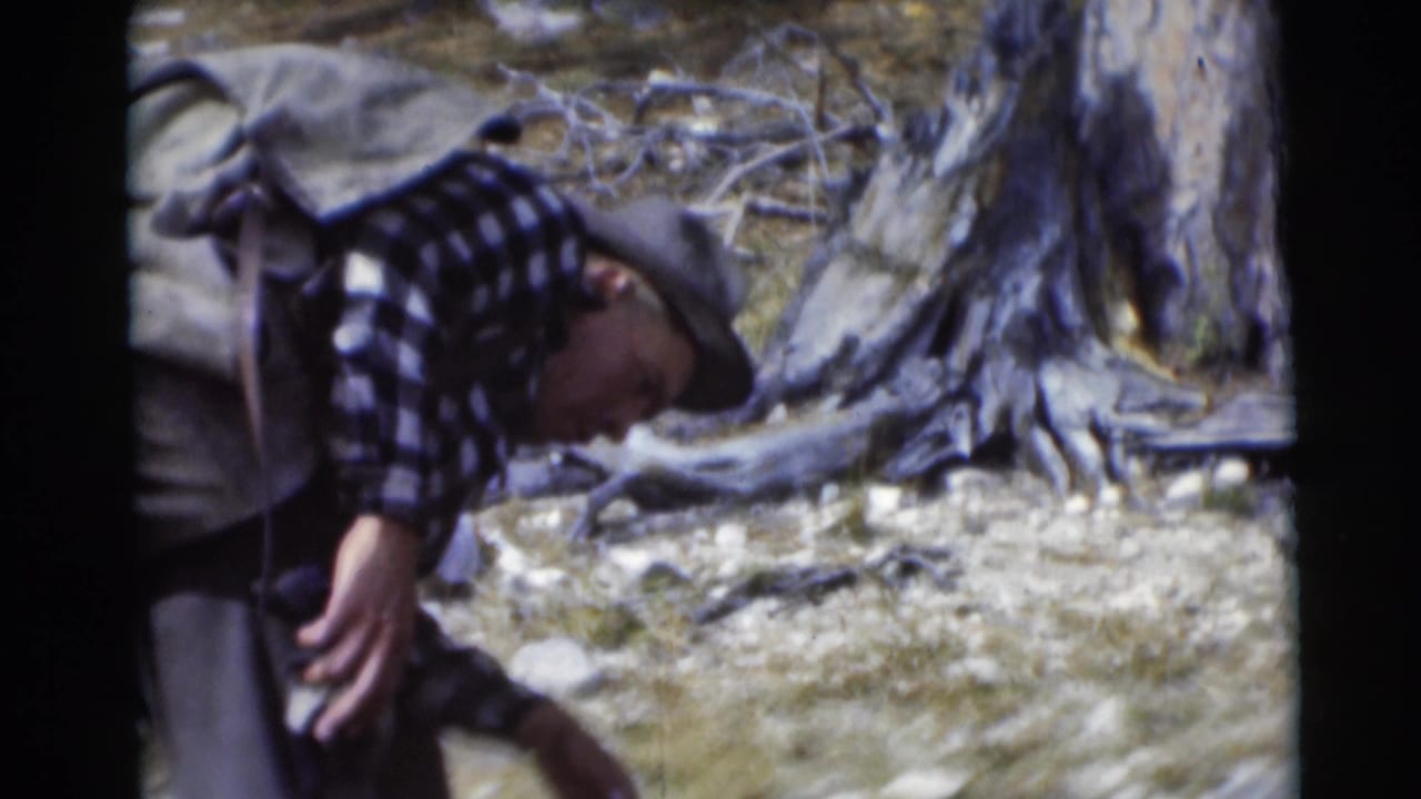 Man in a checkered flannel shirt and hat bends near rocks and a weathered stump.
