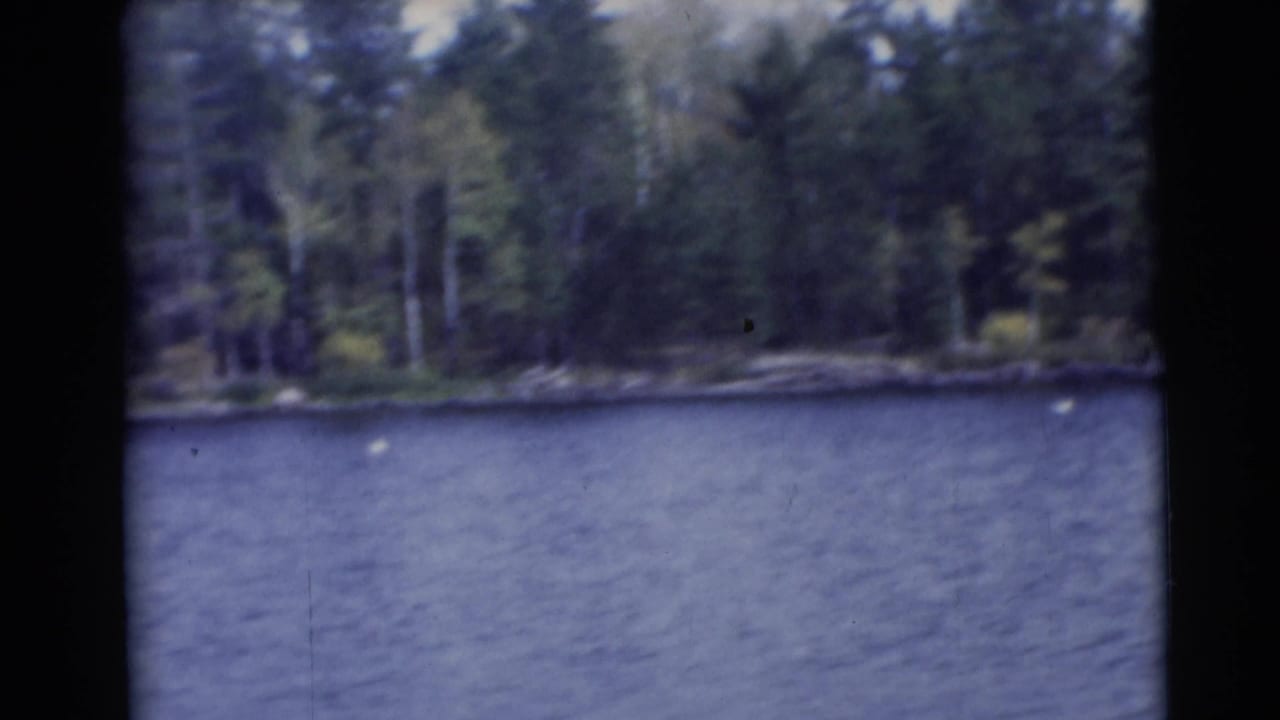 Blue lake water with a wooded shoreline and black 8mm frame border.