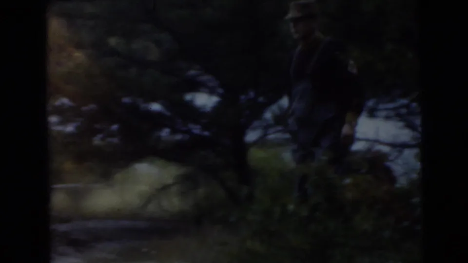 1956 Miami 8mm frame showing a dim wooded area near water, with heavy shadow and film-edge darkness.