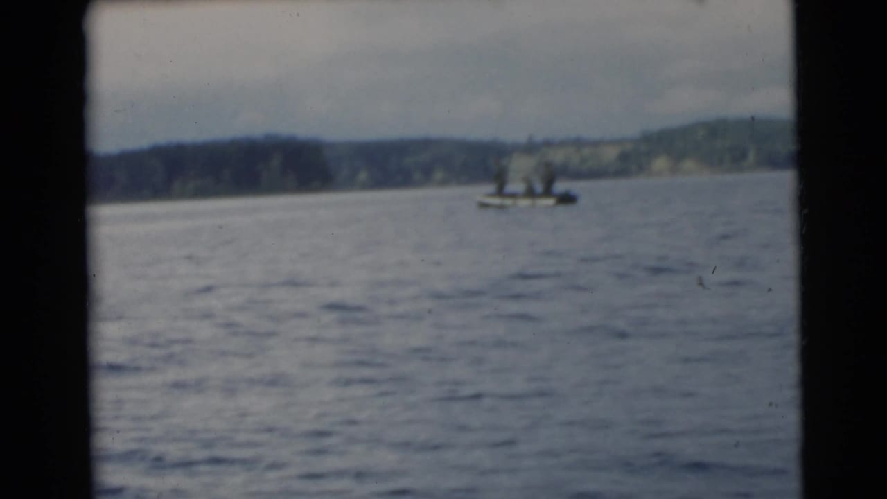 Small boat with two standing figures on calm water near a wooded shoreline.