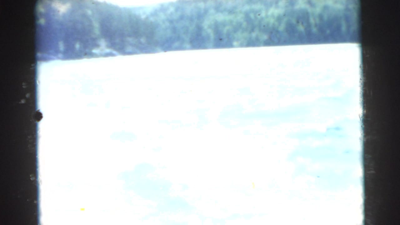 Bright lake surface with a dark tree line and heavy film-edge shadowing.