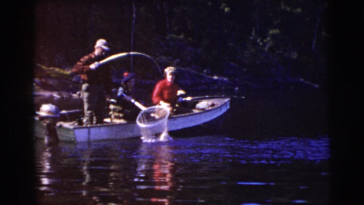 Three people in a small motorboat fish on a calm lake near a wooded shoreline.