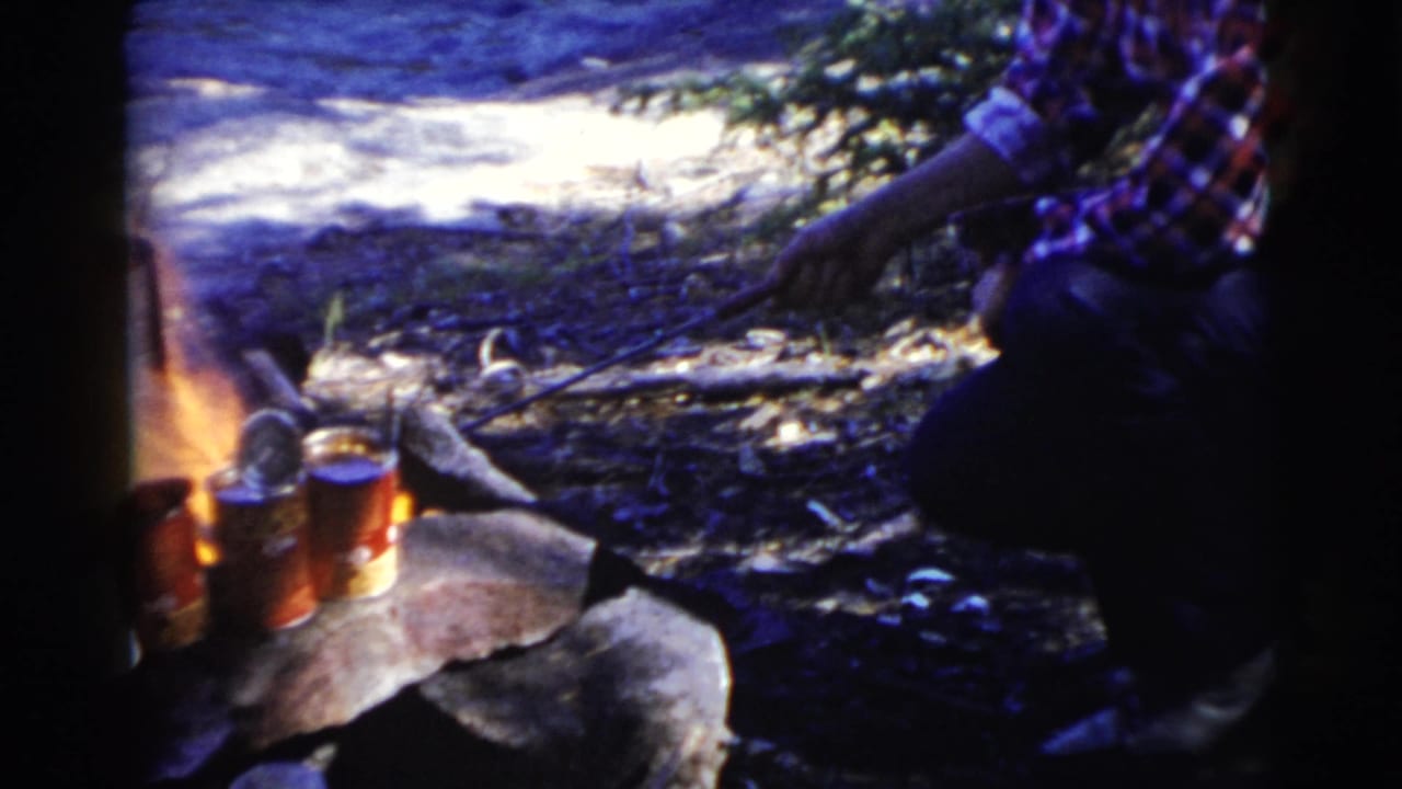 Woman in a plaid shirt crouches by a campfire with cans heating on rocks near water.