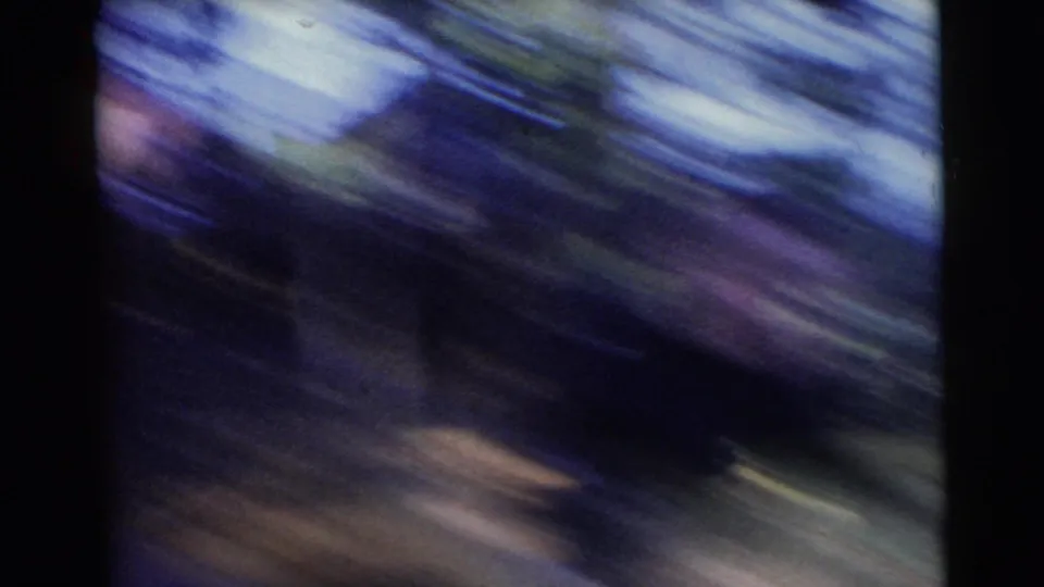 Motion-blurred 8mm frame showing figures and trees during a quick handheld movement in the wooded scene.