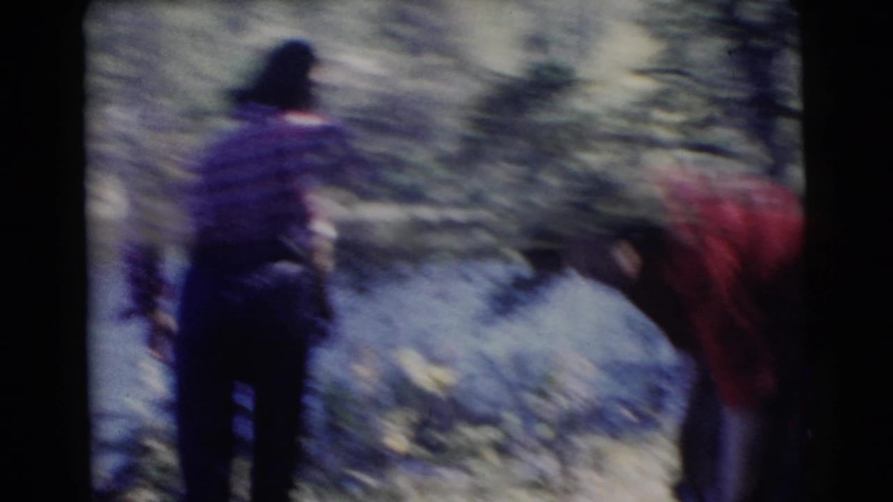 Two blurred adults stand in trees near water, one bending near the ground.