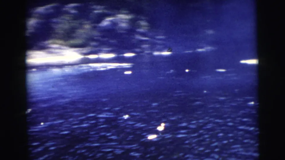 A handheld 8mm view of rippling water and bright shoreline reflections during the Miami boat ride.