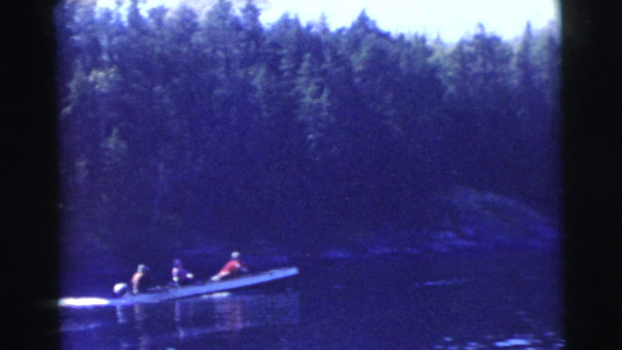 Small boat with several people on dark water beside dense trees.