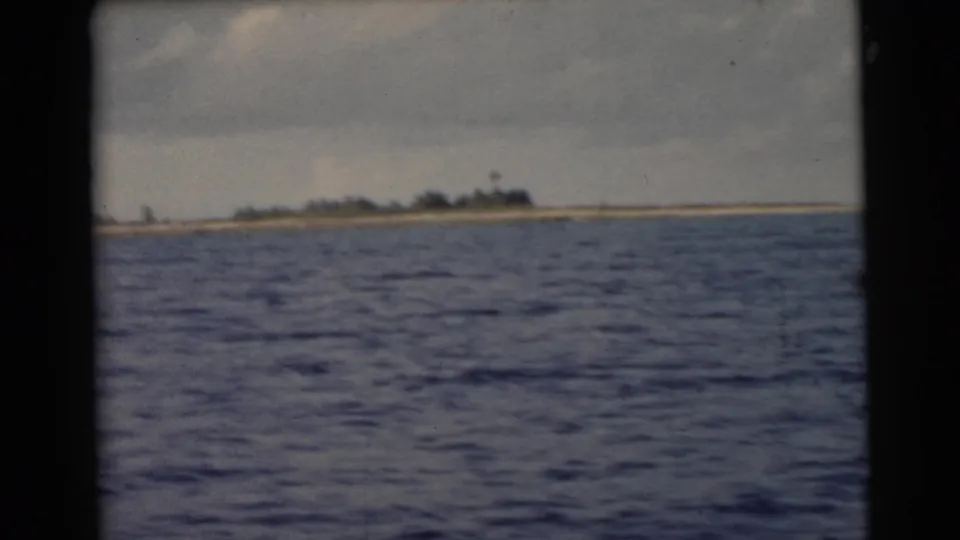 1956 Miami-area boating view with rippled water, a thin sandy shore, and dark trees on the horizon.