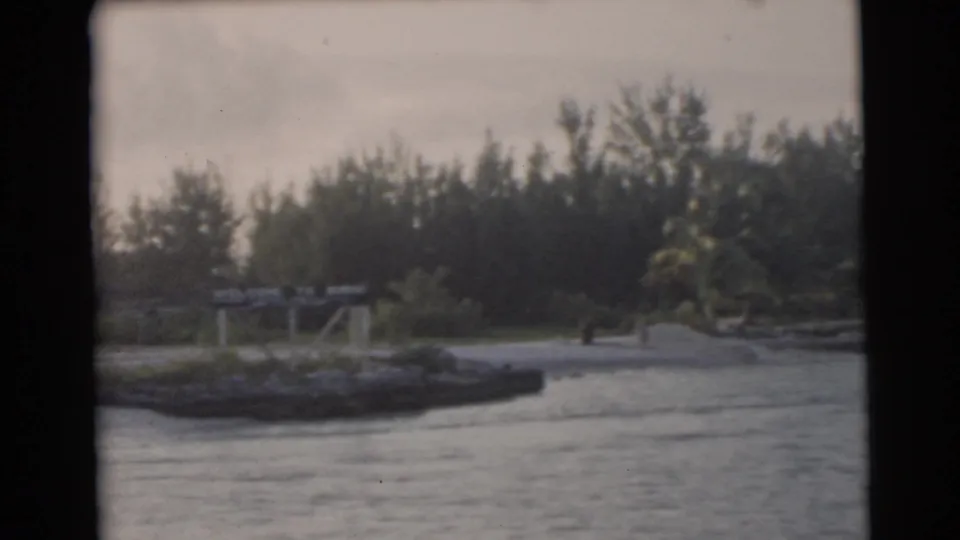 A second boat-view frame of the Miami shoreline, with rippled water, a rocky outcrop, palms, dense vegetation, and a small structure near shore.