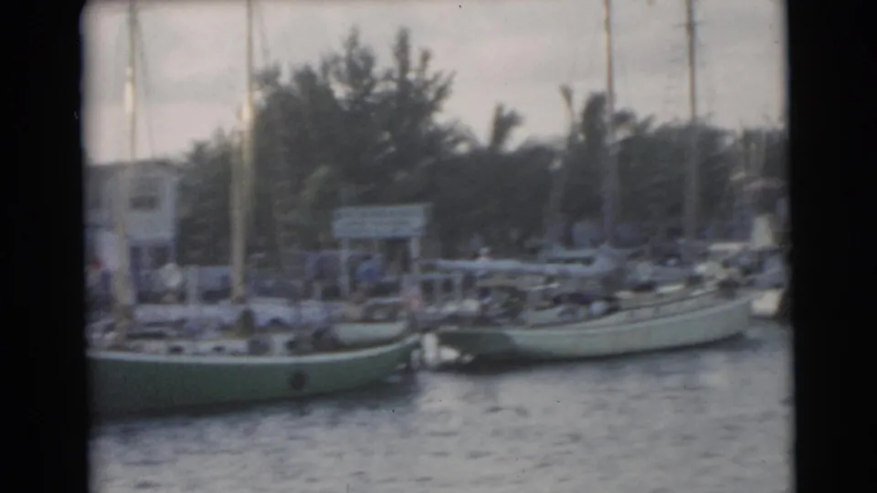 1956 Miami 8mm frame of docked sailboats, tall masts, waterfront buildings, palm trees, and rippled water in soft focus.