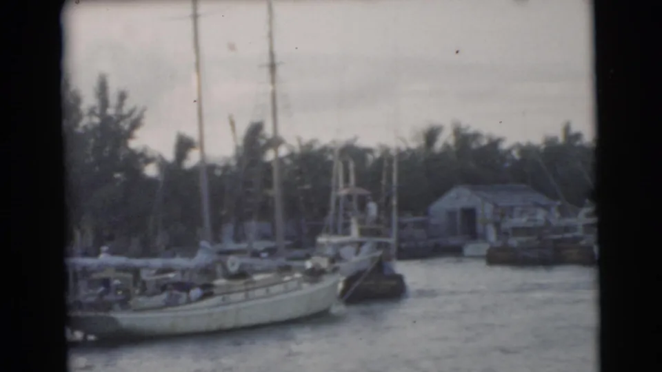 1956 Miami waterfront frame with a moored sailboat, dark dock edge, palm-lined shore, small structure, masts, and cloudy sky.