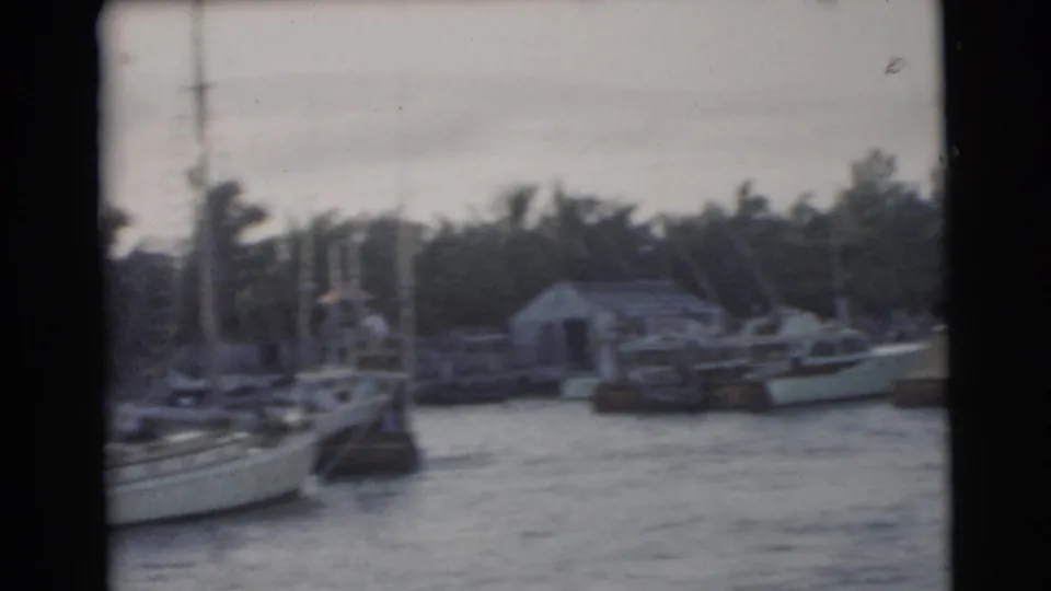 1956 Miami home-movie frame showing moored sailboats and small motorboats near a low waterfront building and palm trees.
