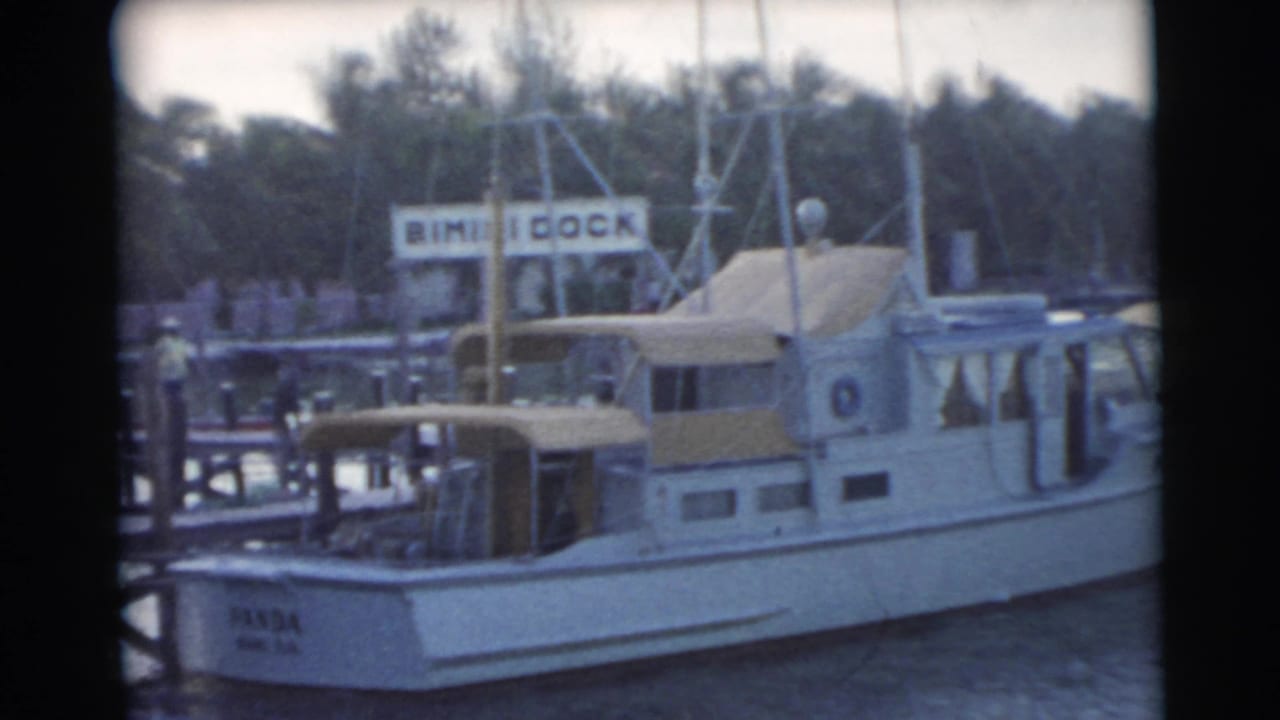 White cabin boat named PANDA moored beside Bimini Dock signage.