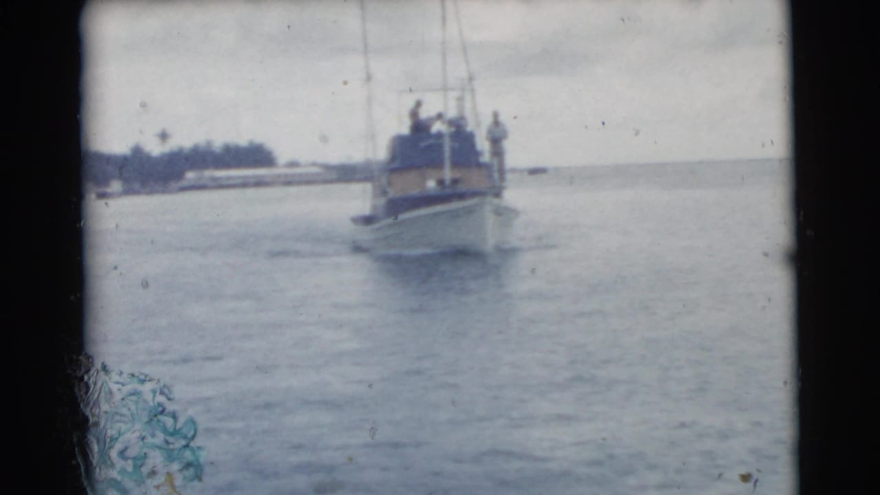 Small boat moving across open water near a low tropical shoreline.