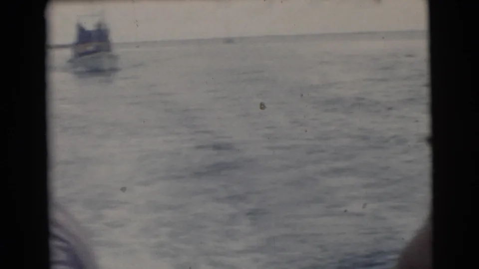 1956 Miami frame showing open water with a small distant fishing boat and soft faded 8mm color.