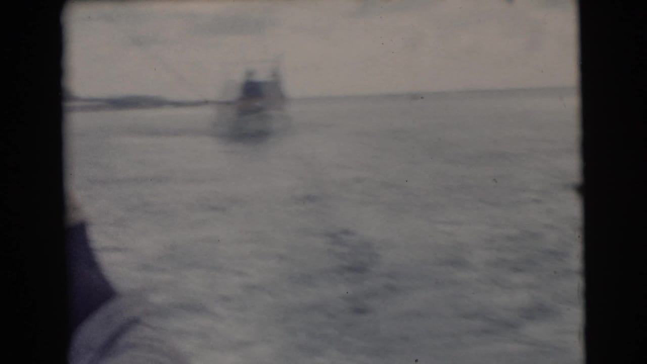 Open water with a distant boat near the horizon and part of a person cropped at the lower left.