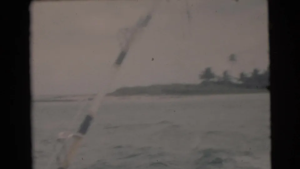 1956 Miami home-movie frame showing water, a low palm-lined shoreline, and part of the boat or windscreen in soft focus.