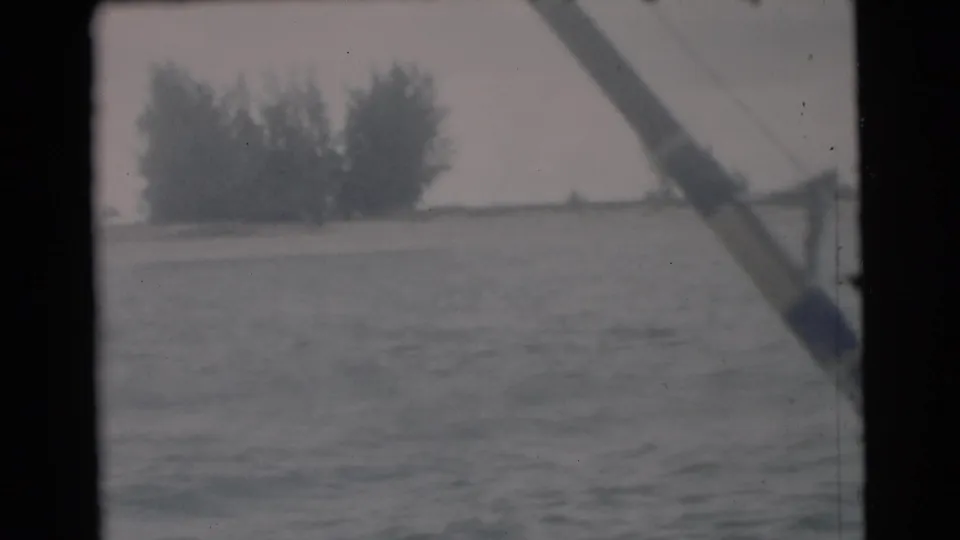 Miami-area boating view from 1956, showing calm water, distant trees, low shoreline, and a diagonal rod or boat support in frame.
