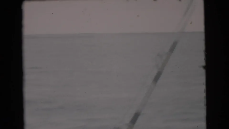 1956 Miami-area 8mm boat view over calm water, with a soft horizon, hazy sky, and scan borders visible.
