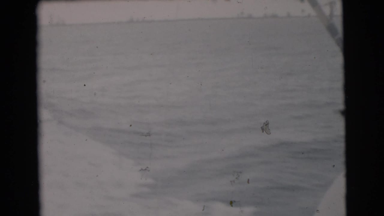 Soft 8mm frame of open sea and a hazy horizon, with no clear landmarks or vessels visible.