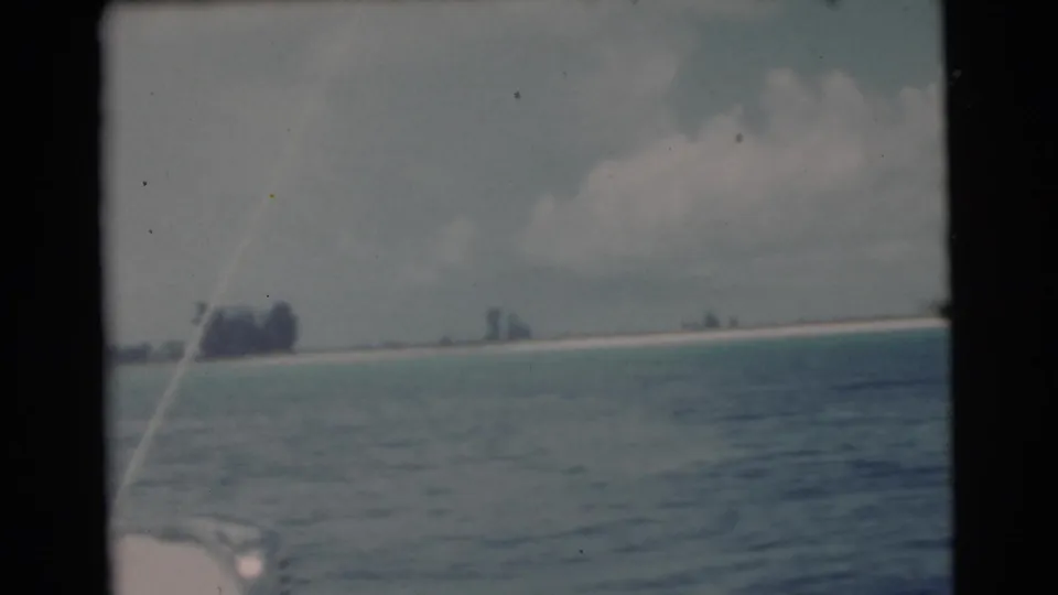 1956 Miami-area home-movie view across blue-green water toward a low tropical shoreline, with dark 8mm frame edges visible.