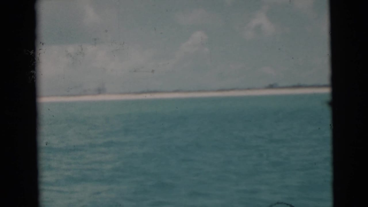 Distant sandy shoreline and blue-green water seen through a dark vertical divider.