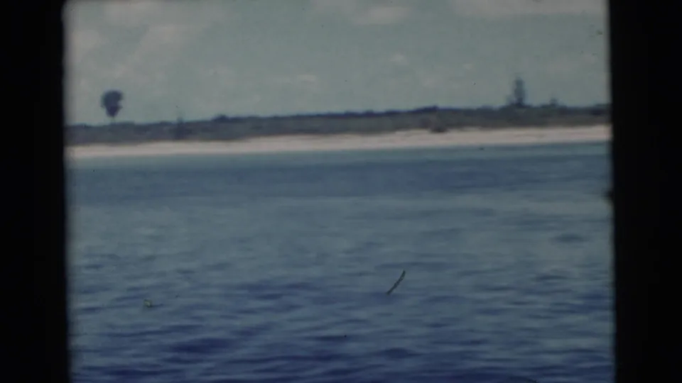 1956 Miami 8mm frame showing rippled blue water and a low sandy beach viewed from offshore.