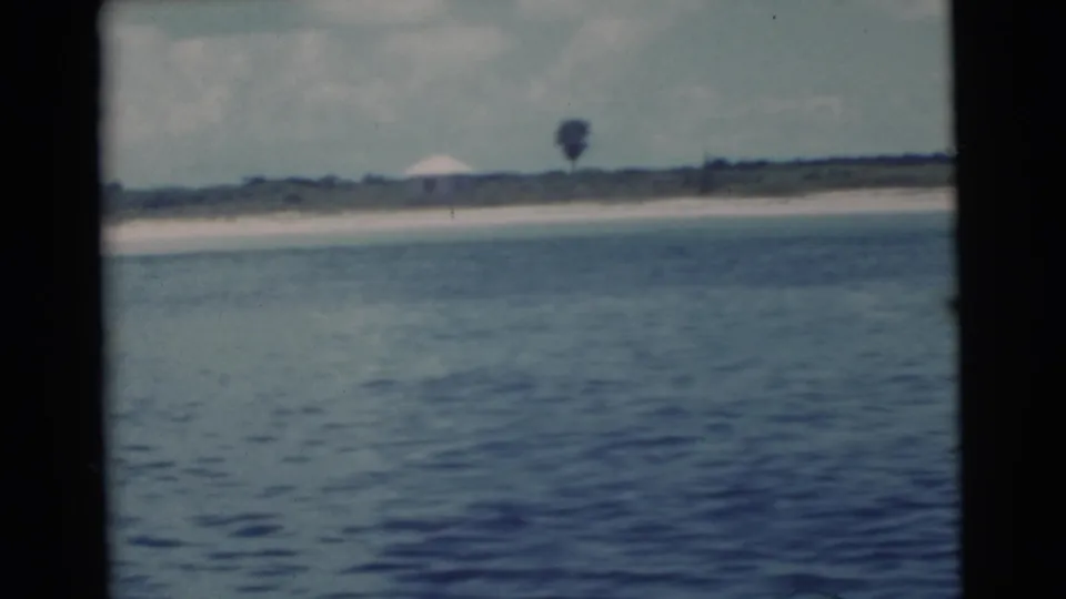 1956 Miami shoreline seen across calm water, with a small white beach structure in the distance.
