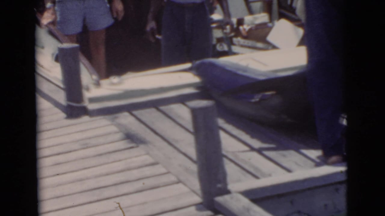Men stand on a wooden dock beside a large marlin lying near a small boat.