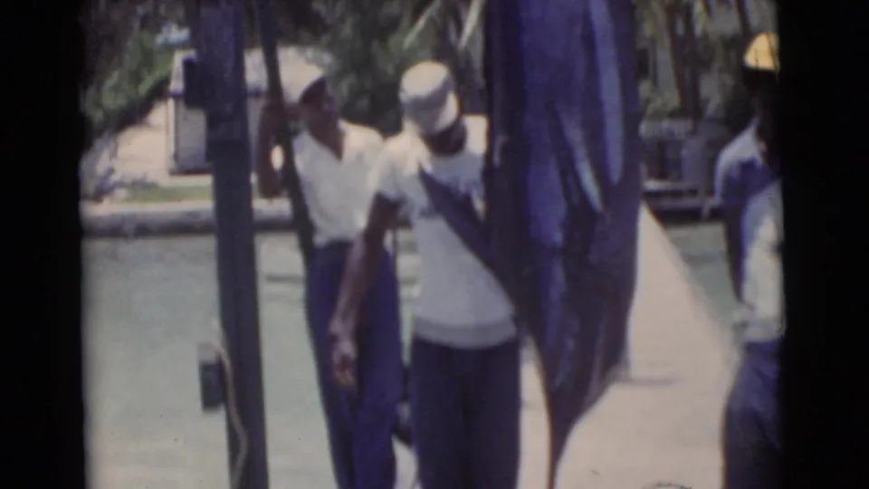 Two men in caps appear to steady a large marlin on a Miami dock, with tropical water and palms visible behind them.