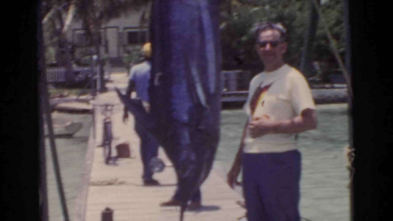 Man in sunglasses stands on a dock beside a large marlin hanging vertically.