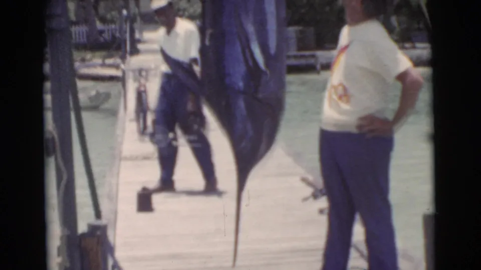 1956 Miami dockside home-movie frame with two men looking at a large swordfish suspended by its tail beside calm water.